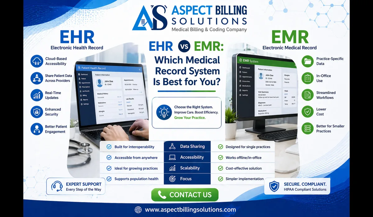 A medical professional reviewing patient data on a tablet, illustrating the comparison between EHR and EMR healthcare technology systems.