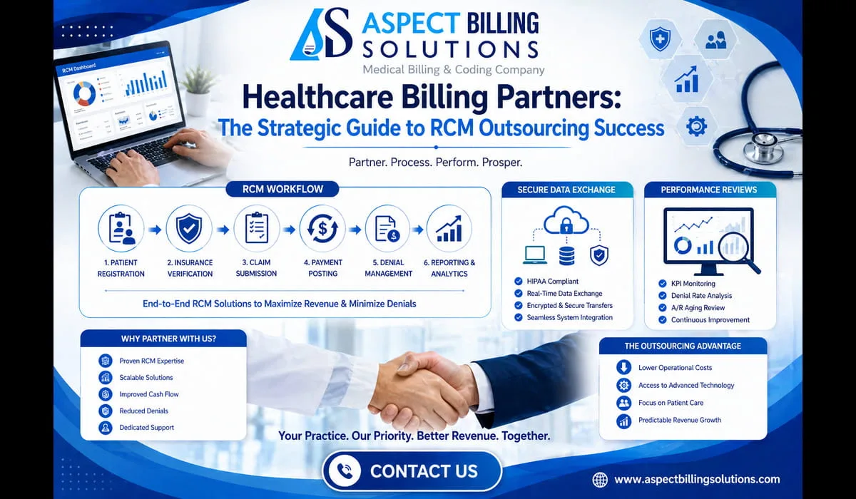 Healthcare billing partners collaboration diagram showing RCM workflow, data exchange, and performance reviews