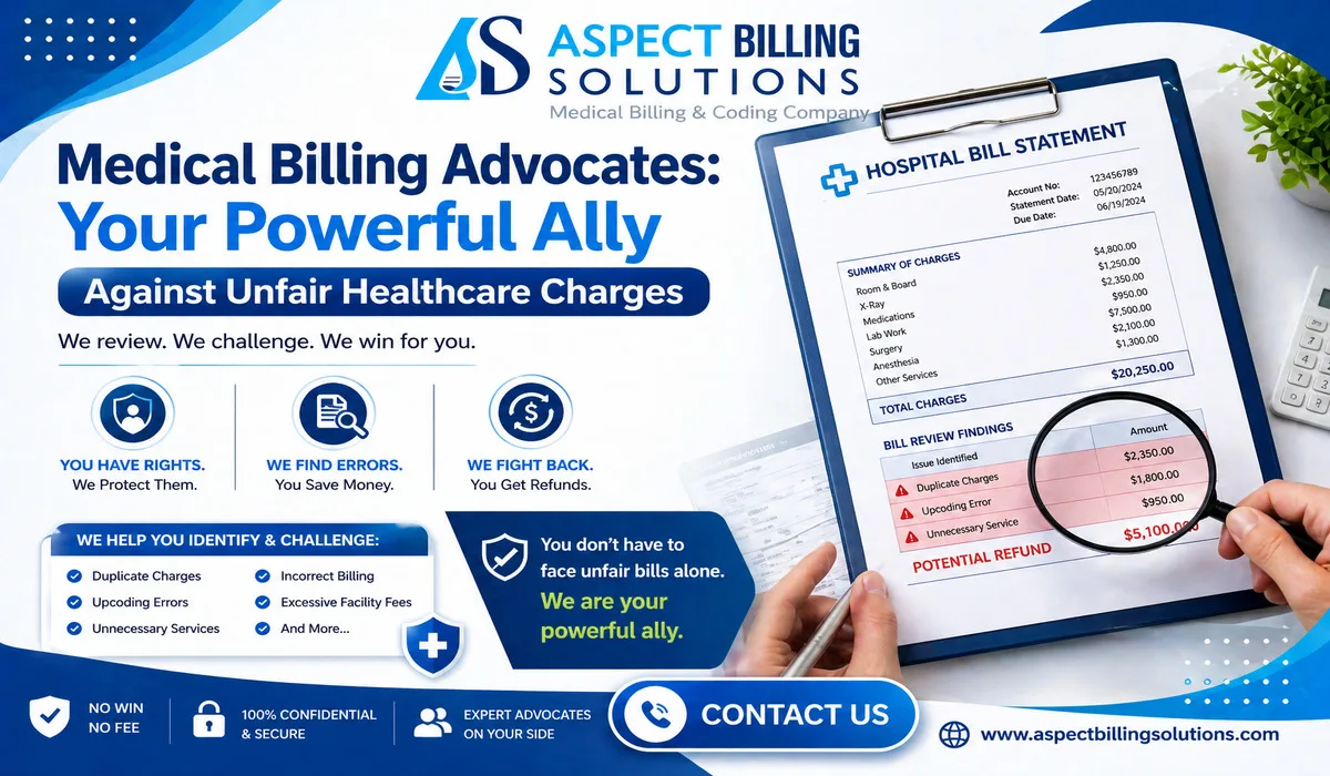 Medical billing advocates reviewing hospital bill highlighting duplicate charges and upcoding errors