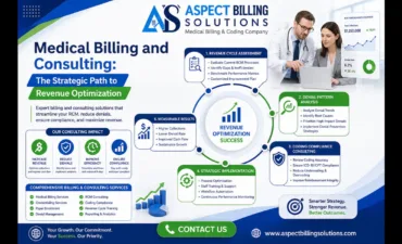 Medical billing and consulting workflow showing revenue cycle assessment, denial pattern analysis, and coding compliance consulting