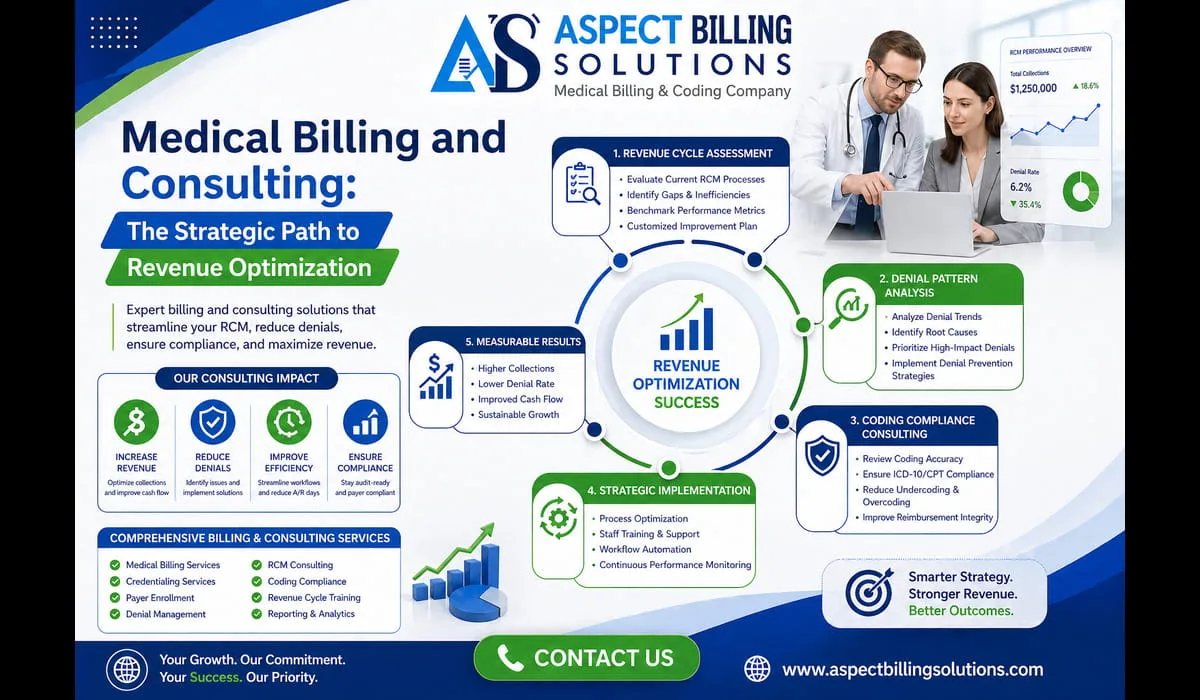 Medical billing and consulting workflow showing revenue cycle assessment, denial pattern analysis, and coding compliance consulting