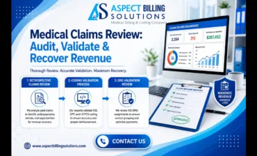 Medical claims review workflow showing retrospective claims review, coding validation process, and DRG validation review