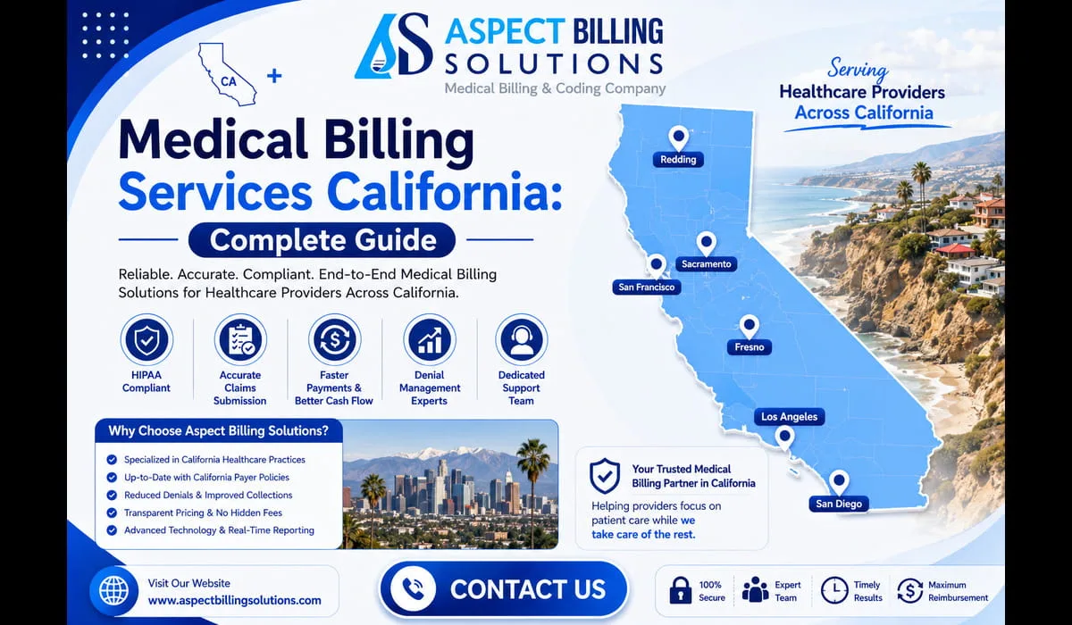 medical billing services California map showing Los Angeles, San Francisco, San Diego, and Sacramento service areas