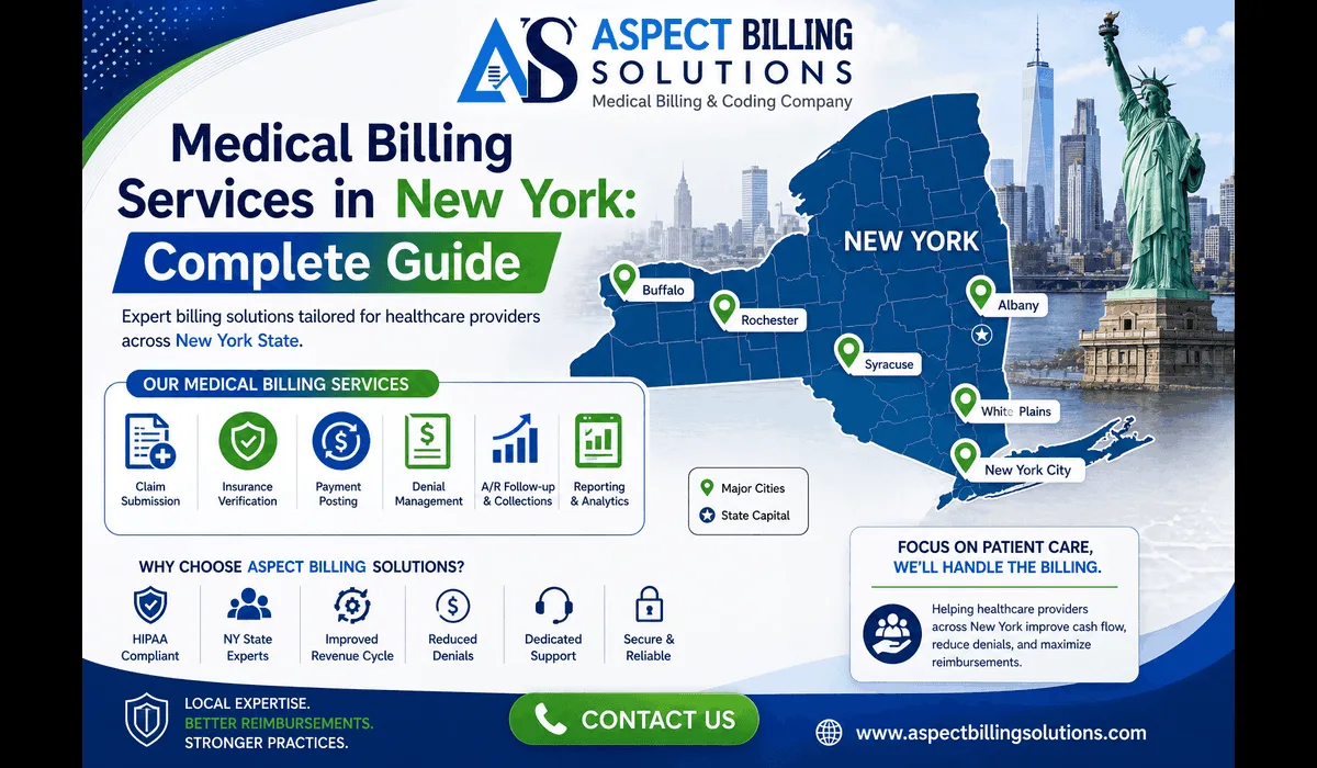 medical billing services in New York map showing NYC, Buffalo, Rochester, Albany, and Syracuse service areas