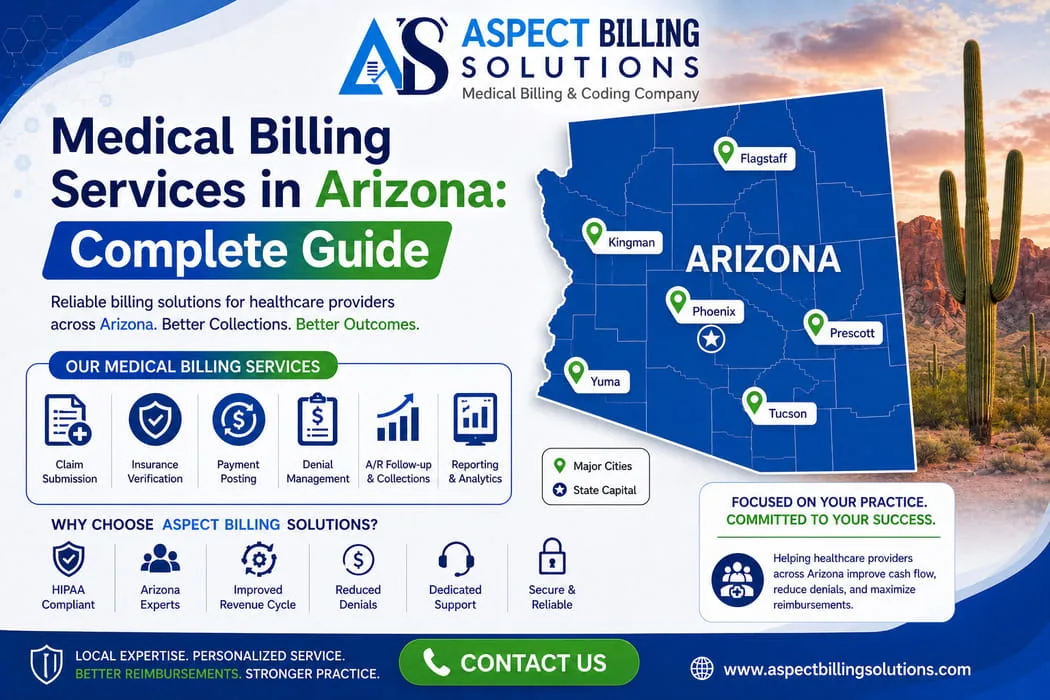 medical billing services in Arizona map showing Phoenix, Tucson, Flagstaff, Yuma, and other major city service areas