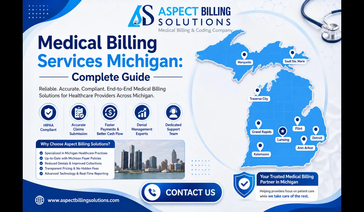 medical billing services Michigan map showing Detroit, Grand Rapids, Ann Arbor, Lansing, Traverse City, and Marquette service areas