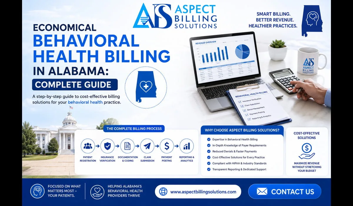 Flowchart showing economical behavioral health billing process from patient intake through claim payment and follow-up