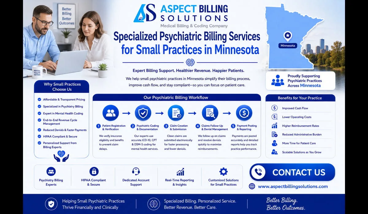 Mental health billing services workflow showing patient registration, insurance verification, clinical documentation review, coding, claim submission, and follow-up processes