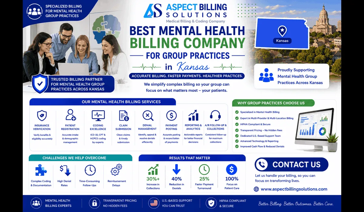 Professional mental health billing company supporting multi-provider group practice with consolidated claims management in Kansas