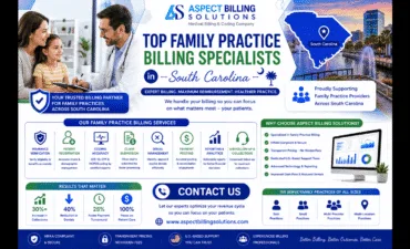 Map showing coverage areas of top family practice billing specialists in South Carolina including Charleston, Columbia, and Greenville