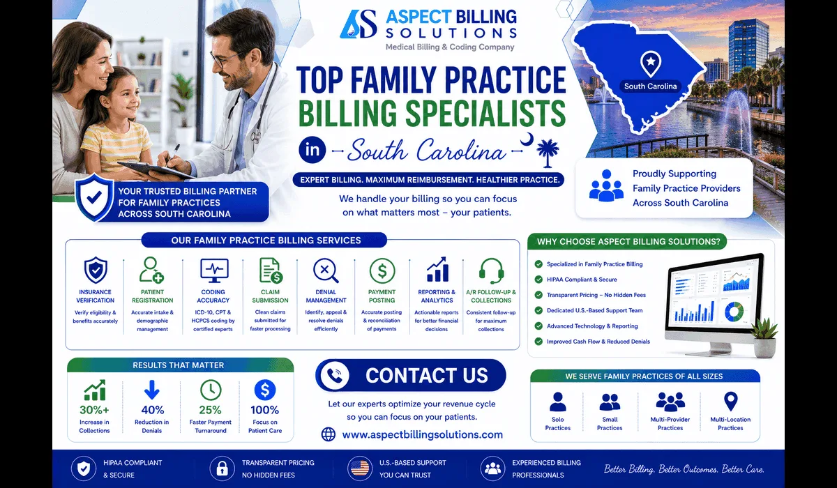 Map showing coverage areas of top family practice billing specialists in South Carolina including Charleston, Columbia, and Greenville