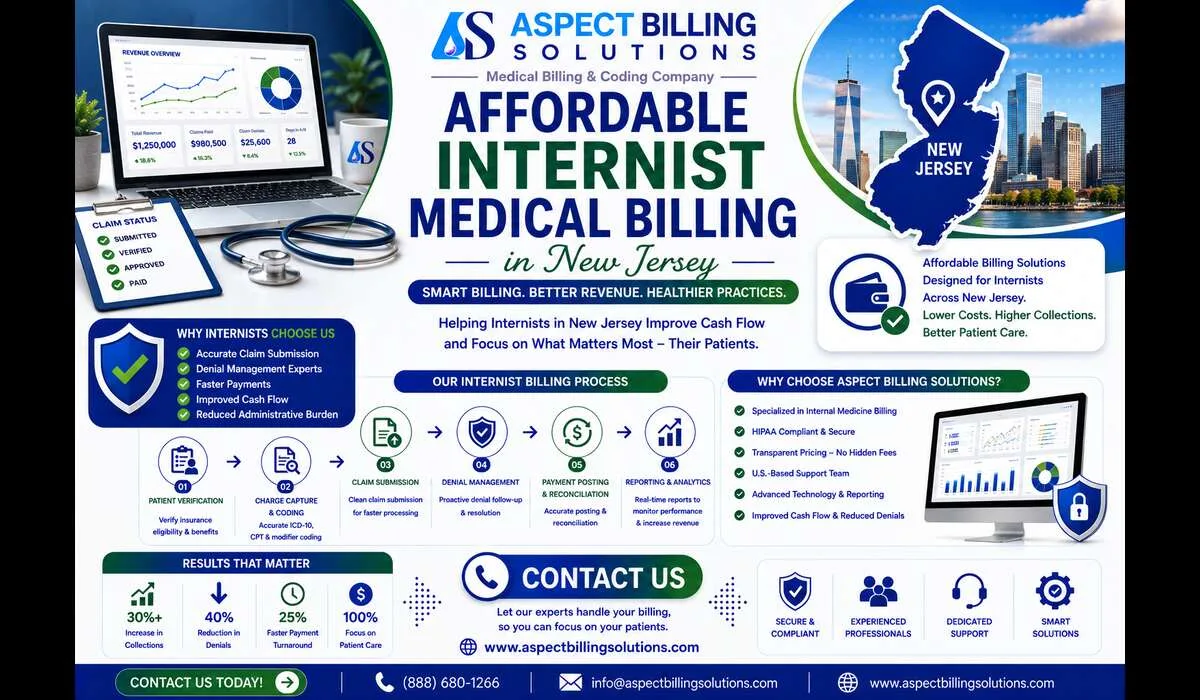 Internist medical billing specialist reviewing claims for a New Jersey practice