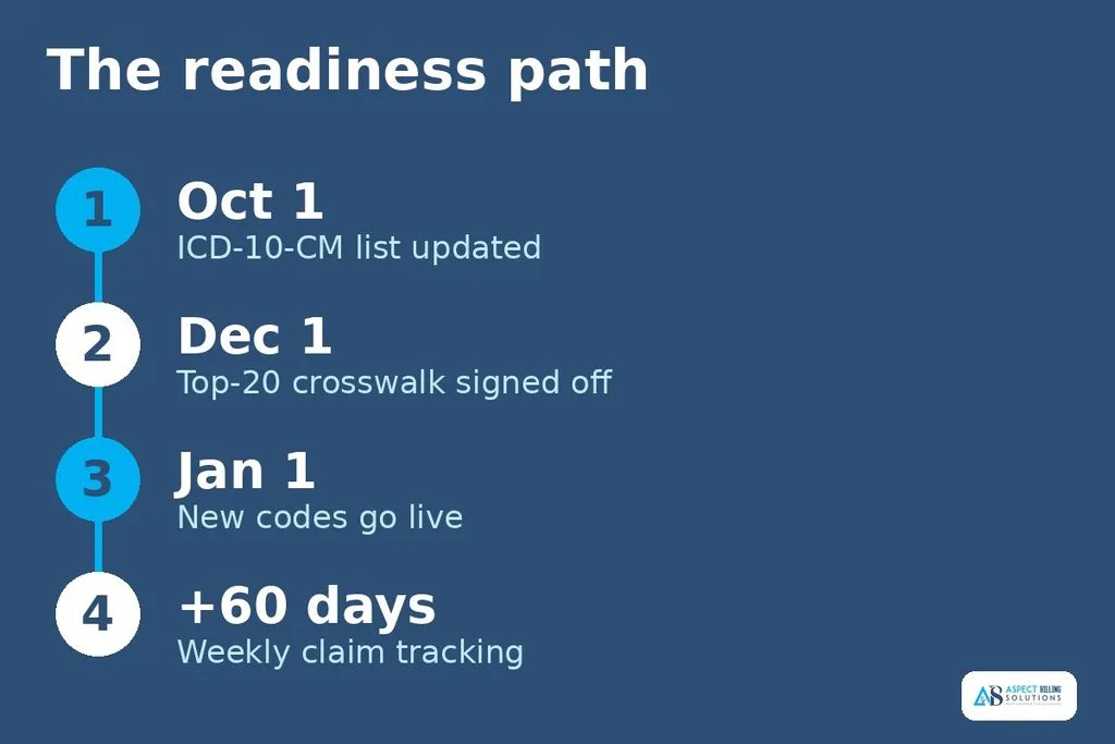 Readiness timeline for 2027 CPT code changes in neurology: ICD-10-CM update October 1, crosswalk by December 1, go-live January 1, and 60 days of tracking