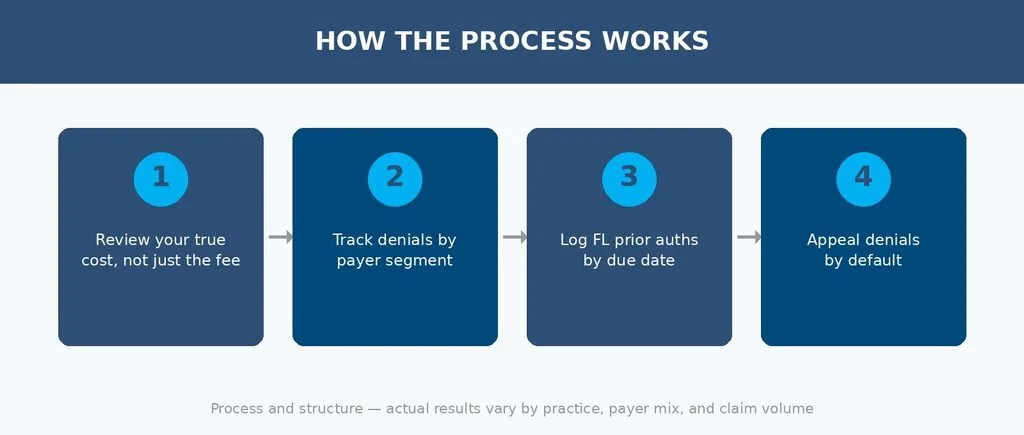 Aspect Billing Solutions process for economical Florida neurology billing: cost review, denial tracking, prior auth logging, quarterly credentialing