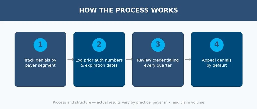 Aspect Billing Solutions neurology billing process: payer-segment tracking, prior auth logging, quarterly credentialing, default appeals