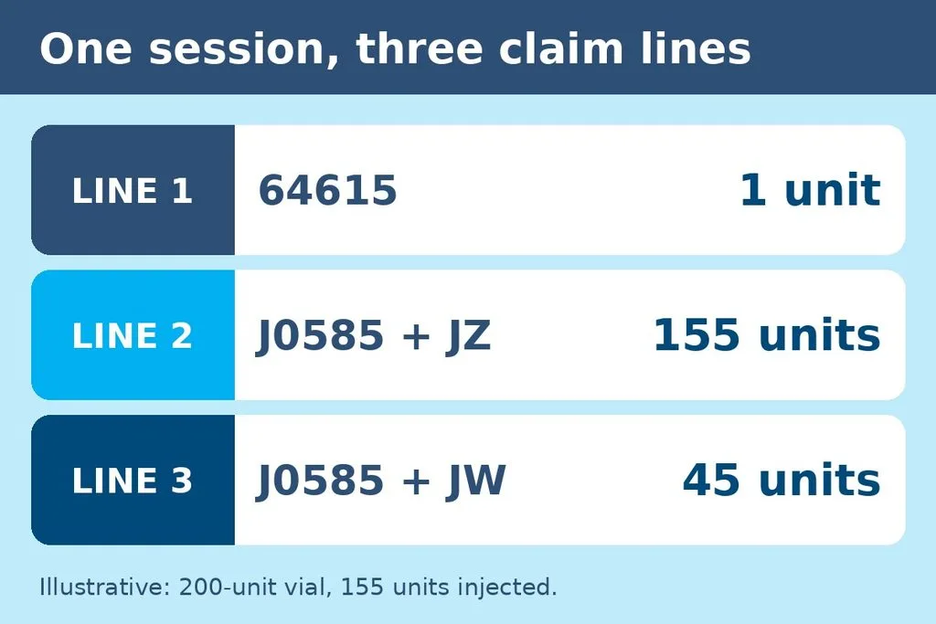 Three claim lines for one chronic migraine Botox session: 64615, J0585 dose units, and J0585 JW discarded units
