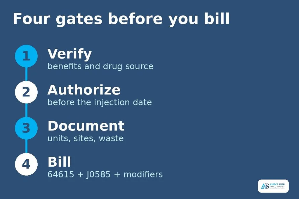 Four-step pre-injection workflow: verify, authorize, document, and bill for Botox injection billing