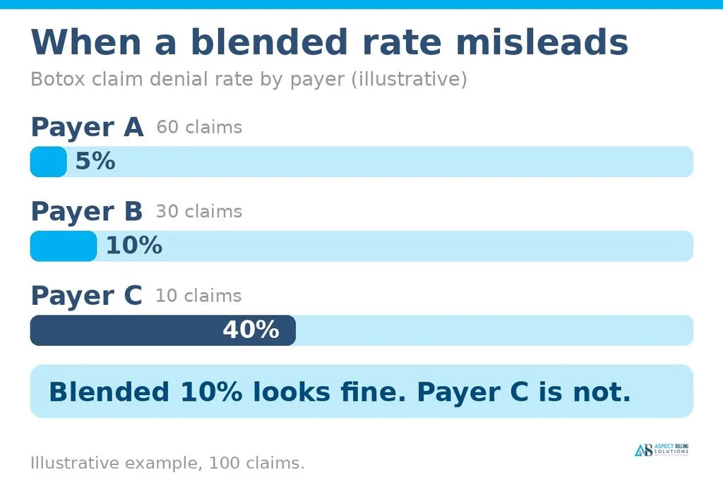 Bar chart showing Botox denial rates of 5, 10, and 40 percent by payer while the blended average looks like 10 percent