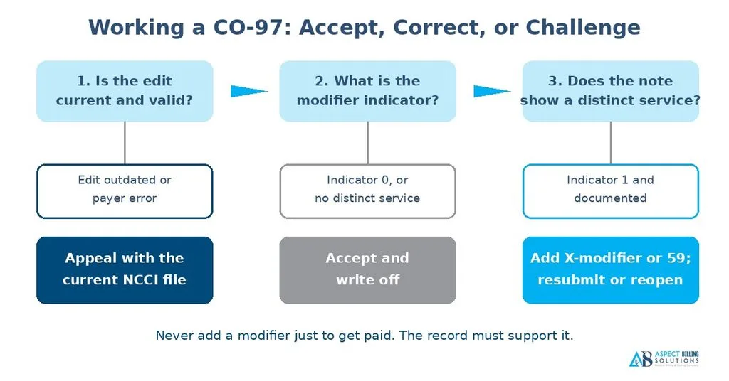 Decision path to accept, correct, or appeal a CO-97 denial