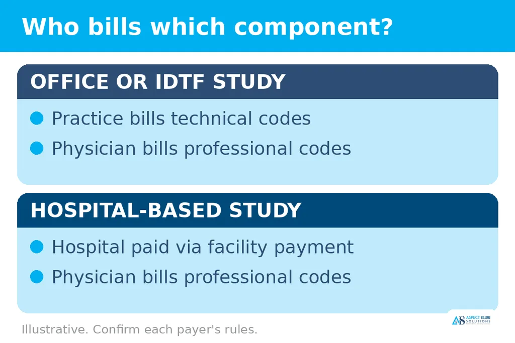Two panels showing who bills technical and professional EEG components in office or IDTF studies versus hospital-based studies