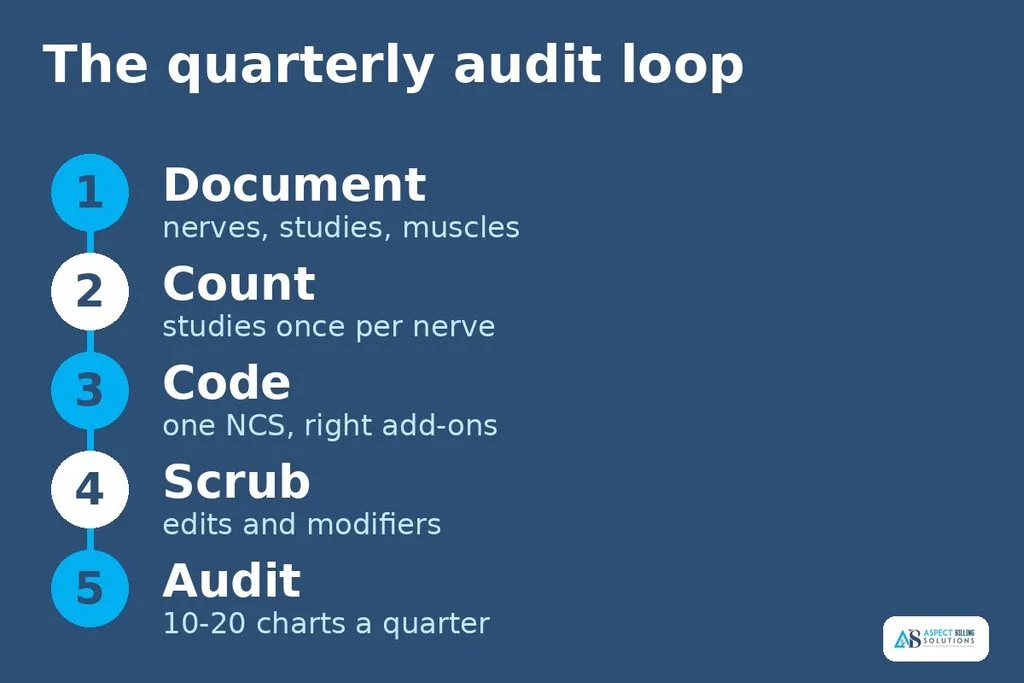 Five-step audit loop: document, count, code, scrub, and audit for EMG and NCS claims