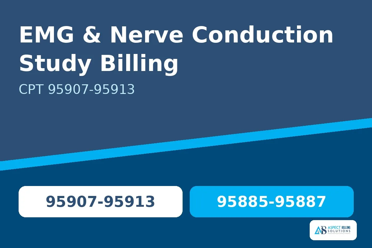 Aspect Billing Solutions banner on EMG and nerve conduction study billing CPT 95907-95913 showing NCS and add-on EMG code ranges
