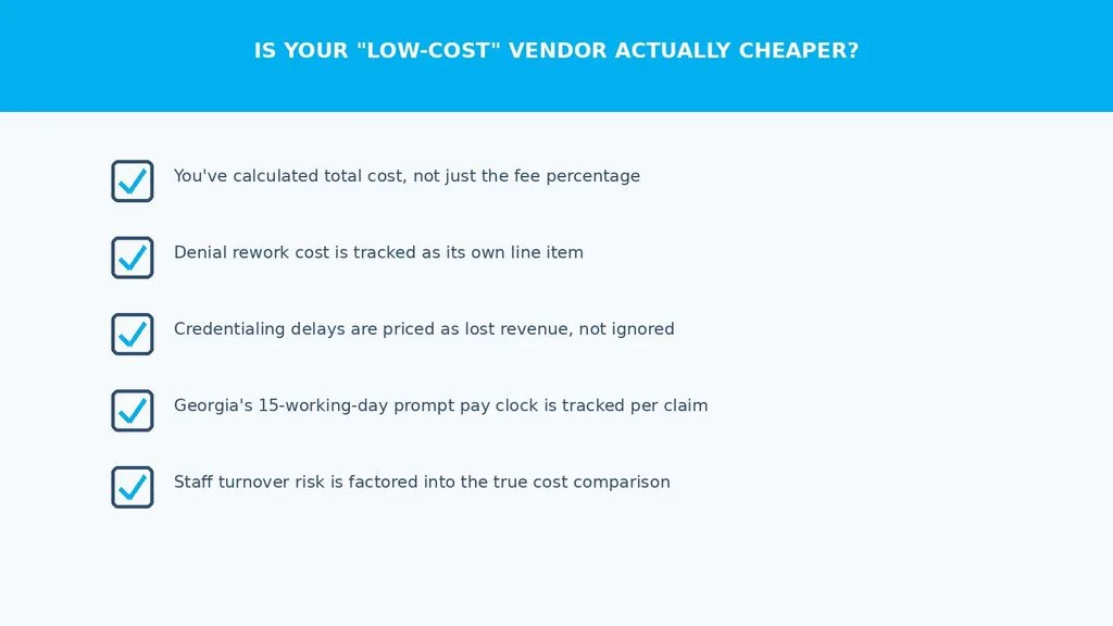 Self-assessment checklist for whether a Georgia neurology practice's low-cost billing vendor is actually cheaper