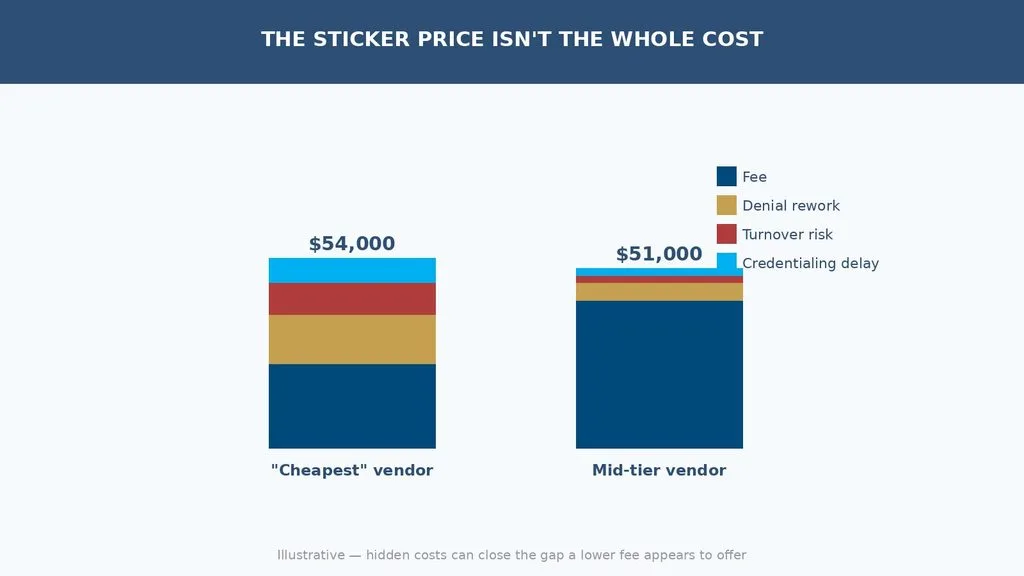 Diagram showing the flow from sticker price to hidden costs to true cost for neurology billing vendors