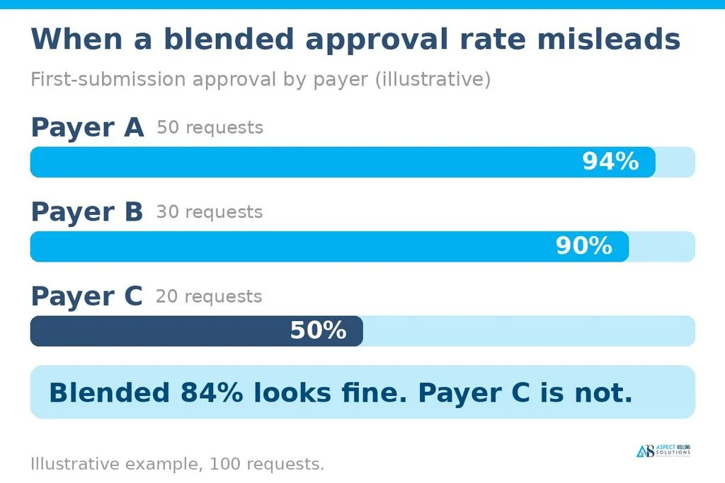 Horizontal bar chart of approval rates of 94, 90, and 50 percent by payer with a blended average of 84 percent
