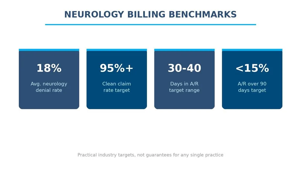 Neurology billing benchmark metrics: denial rate, clean claim rate, days in A/R