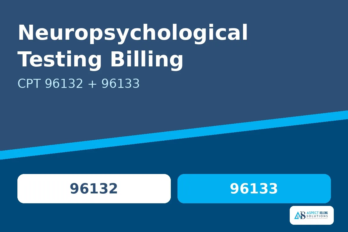 Aspect Billing Solutions banner for neuropsychological testing billing showing CPT 96132 first hour and CPT 96133 add-on code