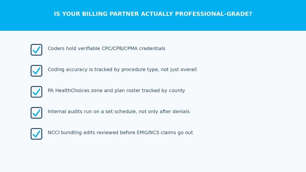 Self-assessment checklist for whether a Pennsylvania neurology practice's billing partner is professional-grade