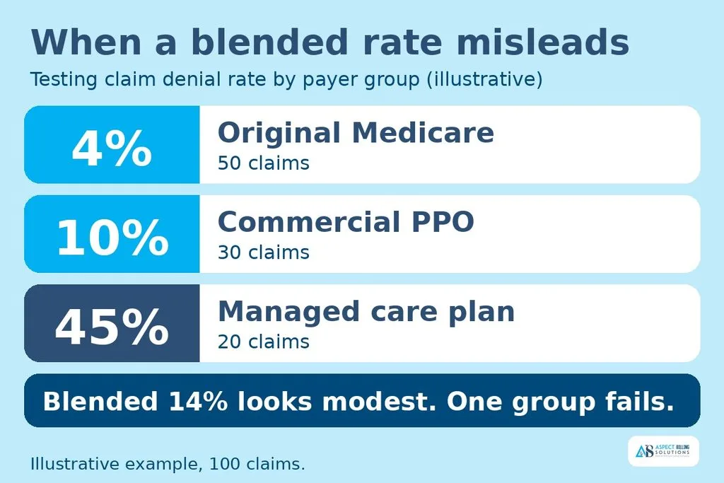 Cards showing testing claim denial rates of 4, 10, and 45 percent by payer group with a blended rate of 14 percent