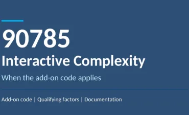 Title graphic for 90785 interactive complexity add-on code guide with qualifying factors and documentation