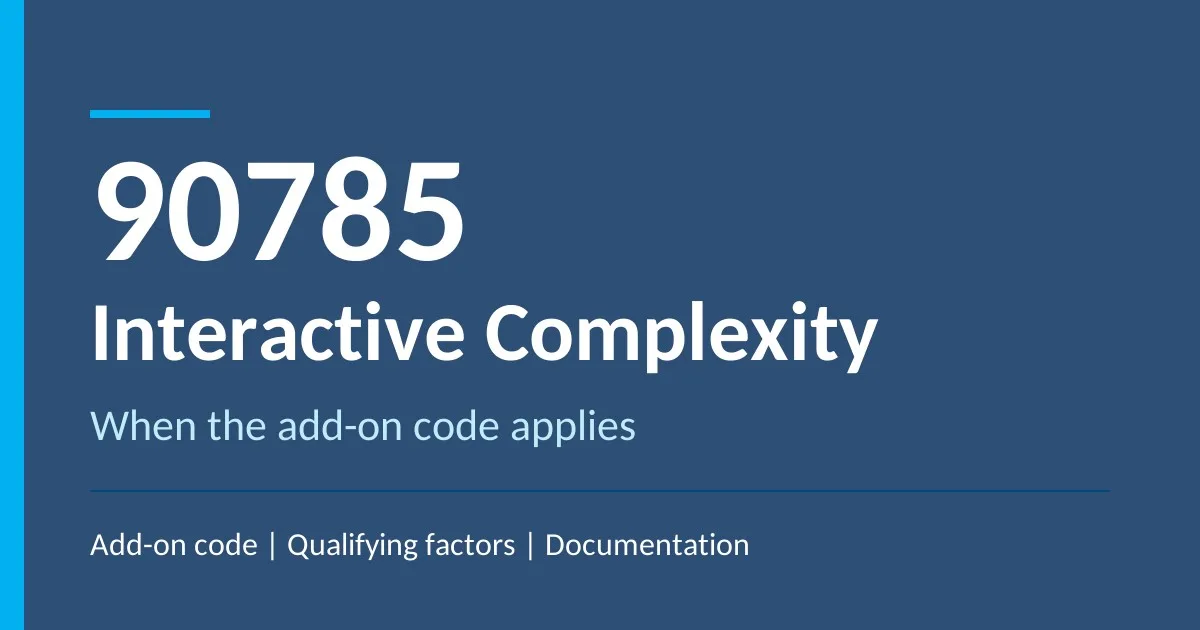 Title graphic for 90785 interactive complexity add-on code guide with qualifying factors and documentation