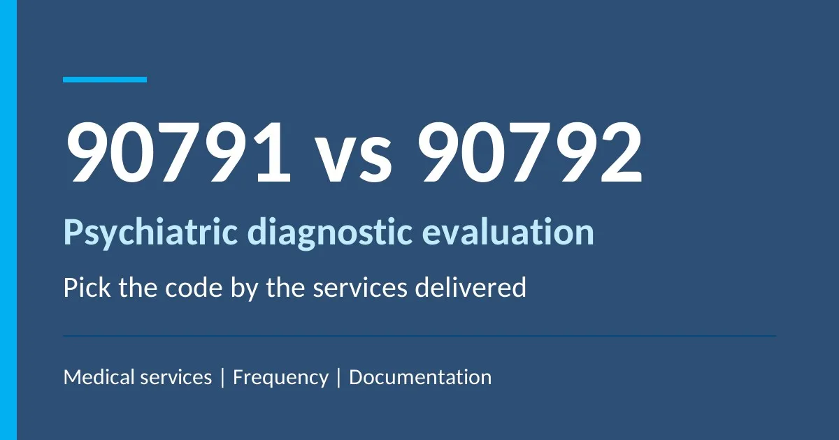 Title graphic comparing 90791 and 90792 psychiatric diagnostic evaluation codes by services delivered