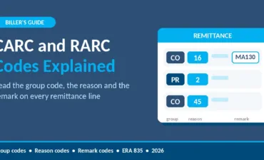 CARC and RARC codes explained graphic showing a remittance line with group code, reason code and remark code
