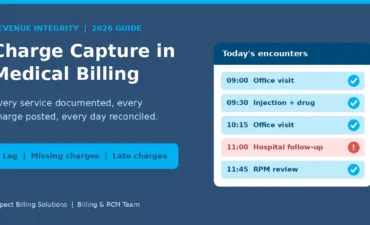 Charge capture in medical billing illustrated by a daily encounter list with one missing hospital charge flagged