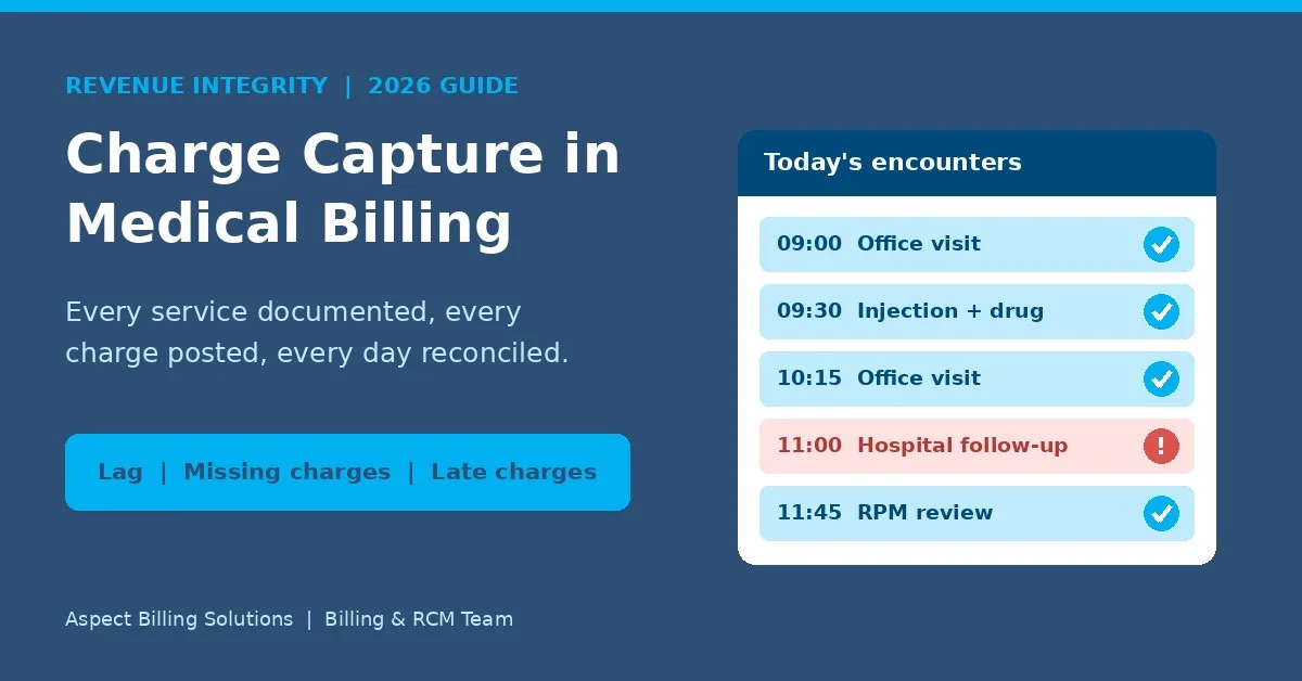 Charge capture in medical billing illustrated by a daily encounter list with one missing hospital charge flagged