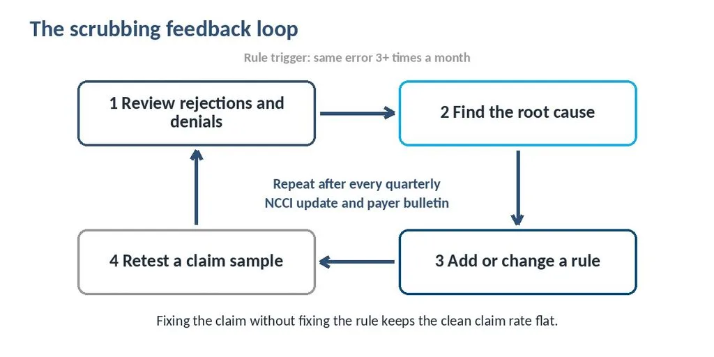 Feedback loop for claim scrubbing: review rejections, find root cause, update rule, retest