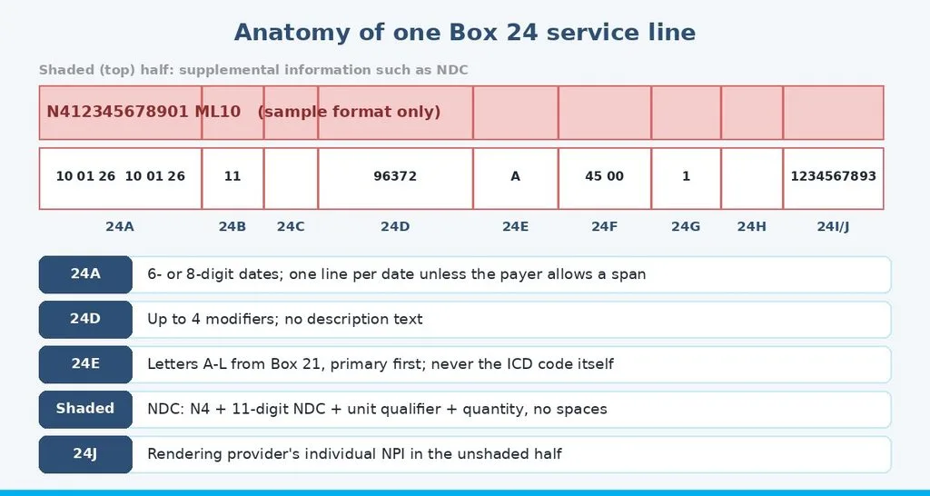 Anatomy of a CMS-1500 Box 24 service line showing shaded NDC area and columns 24A through 24J