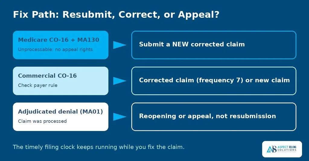 Decision path to resubmit, correct, or appeal a CO-16 denial