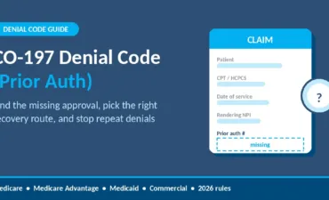 CO-197 denial code prior auth guide graphic showing a claim form with a missing authorization number