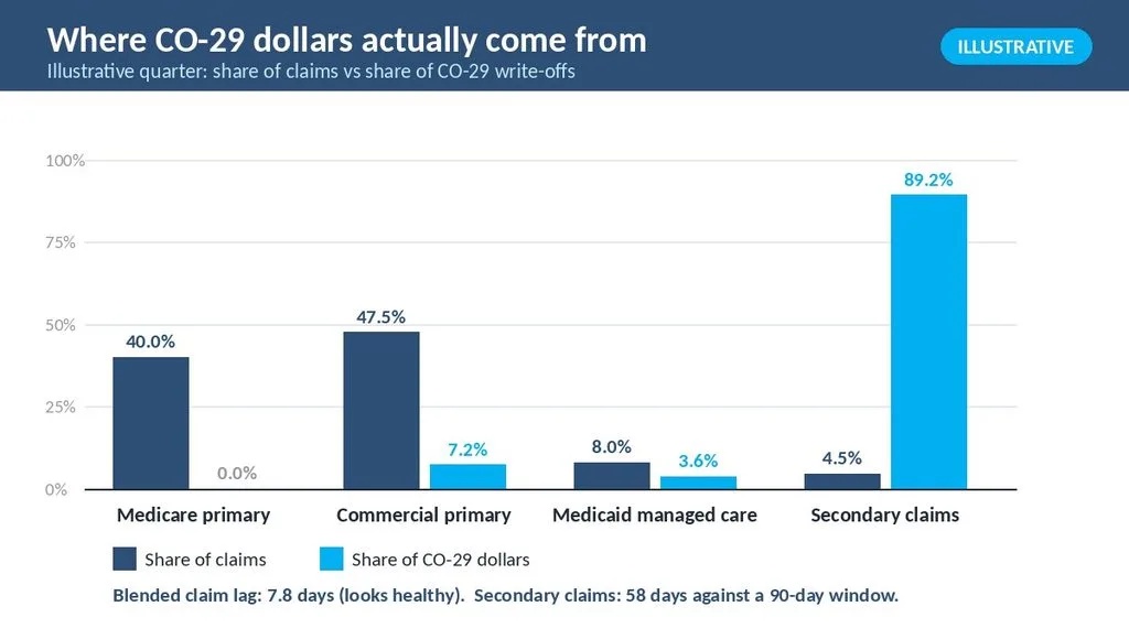 Illustrative chart comparing share of claims with share of CO-29 write-off dollars by claim segment
