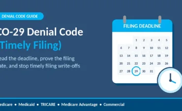 CO-29 denial code timely filing guide graphic with a filing deadline calendar and clock