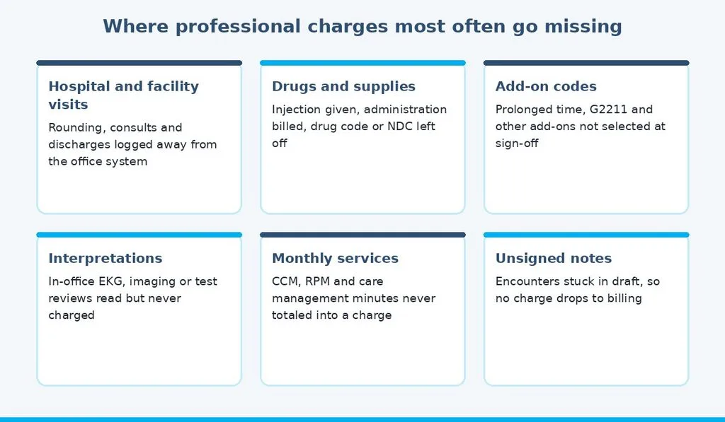 Six common sources of missed charges in a medical practice, including hospital visits, drugs, add-on codes and unsigned notes