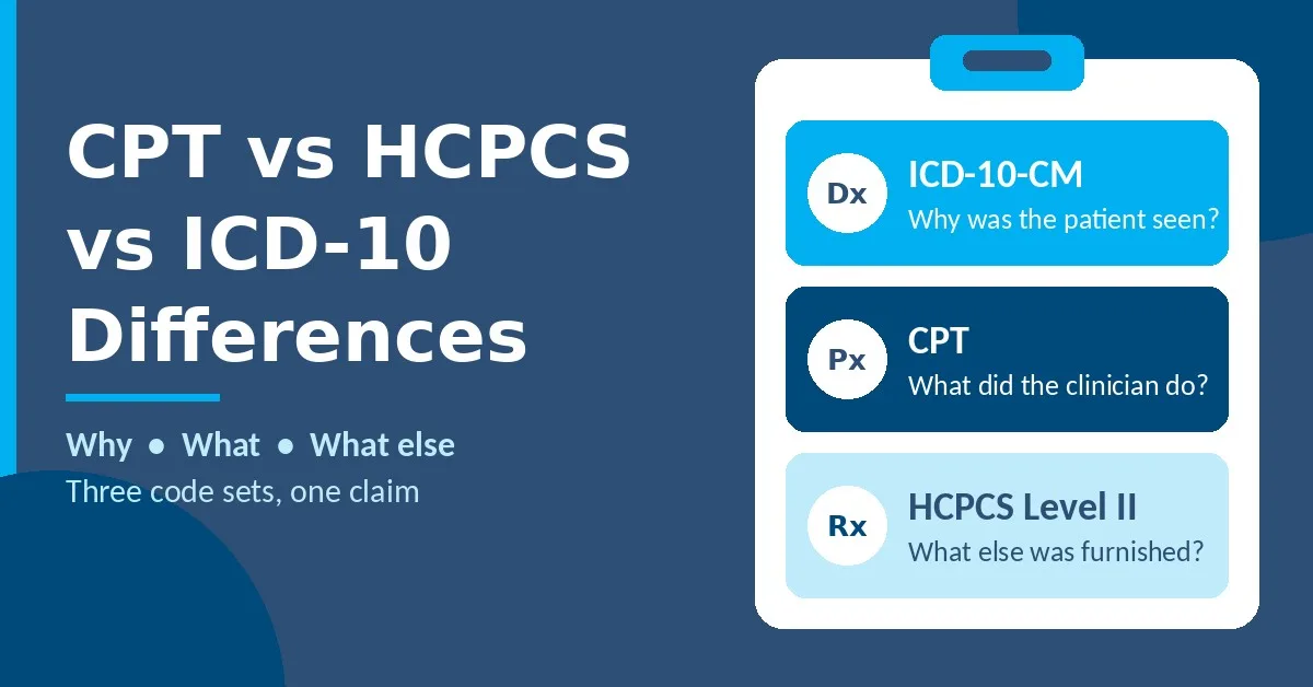 Flat illustration comparing CPT vs HCPCS vs ICD-10 differences with three code cards for diagnosis, procedure and supply codes