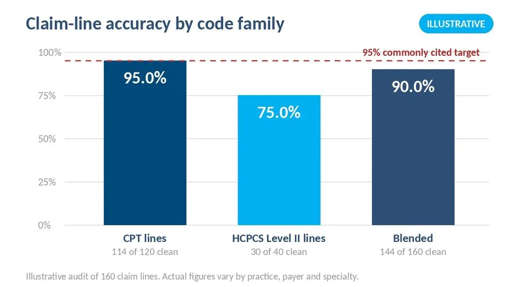 Illustrative bar chart of claim line accuracy: CPT 95 percent, HCPCS Level II 75 percent, blended 90 percent