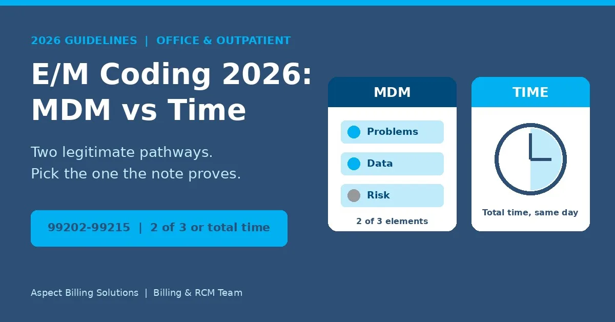 /M coding 2026 guidelines comparing MDM-based and time-based level selection for office visits