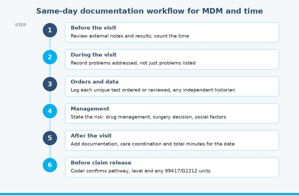 Six-step same-day documentation workflow supporting MDM and time-based E/M coding